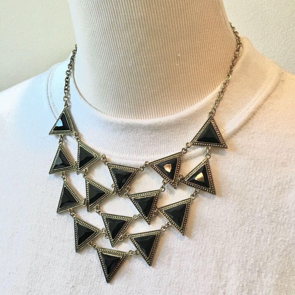 Bib Necklace 20in Silver Black Geometric Acrylic Statement